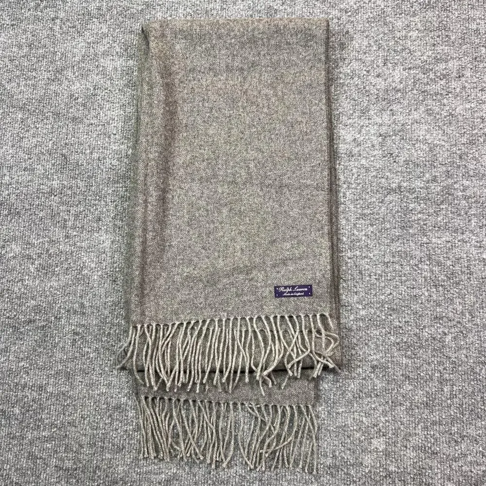 Ralph Lauren Scarf Adult Gray 100% Cashmere Fringe Made England Purple Label